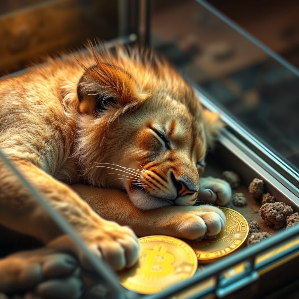 Cute Lion Cub Slumbers in a Cryptocurrency Vault