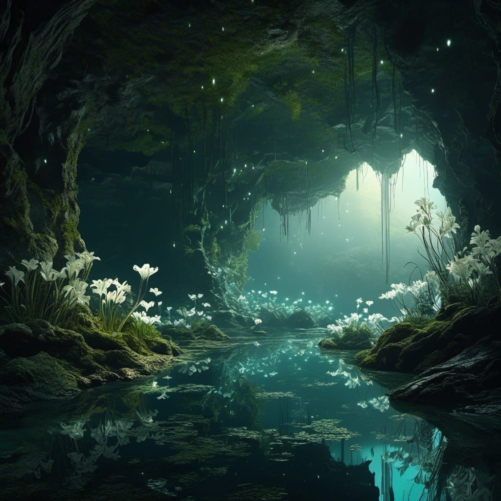 Bioluminescent Cavern with Underground Lake