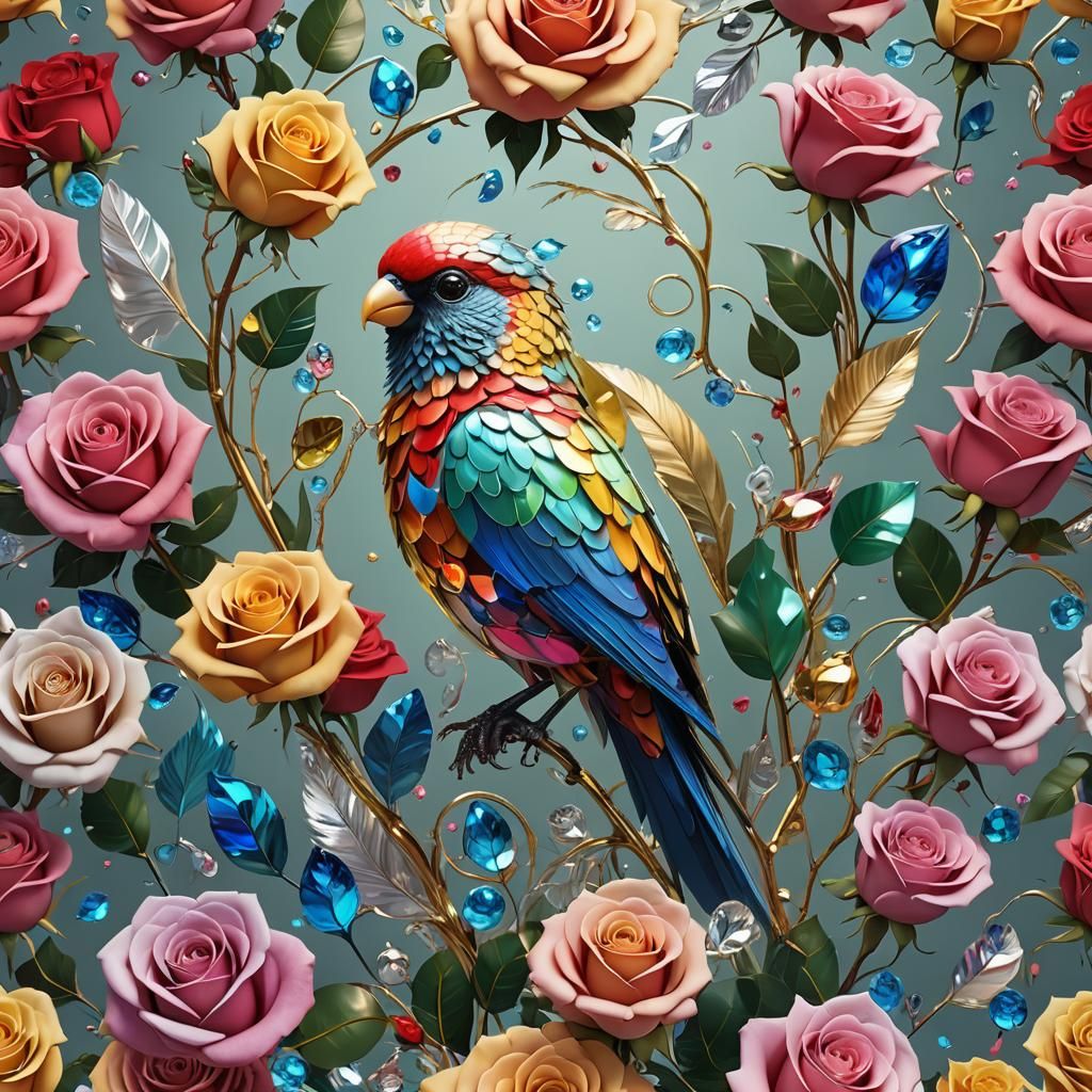 Glass-Feathered Lovebird Amongst Colorful Roses