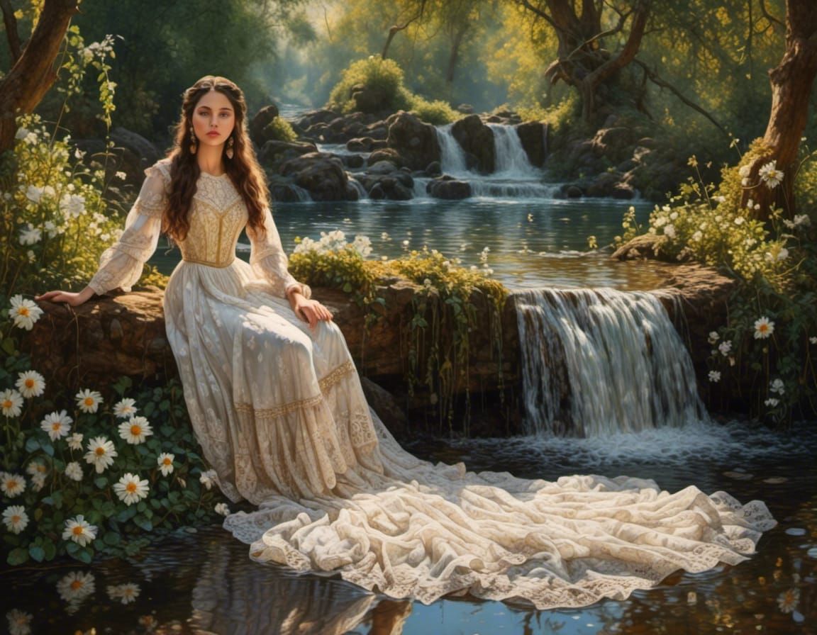 <lora:Abracadabra:1.0> A young 16th century woman, open brown eyes, long wavy brown hair, white transparent lace dress, ...