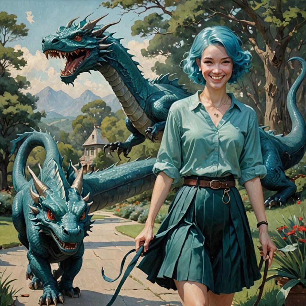 Woman Walking Blue Dragon in Oil Painting Style