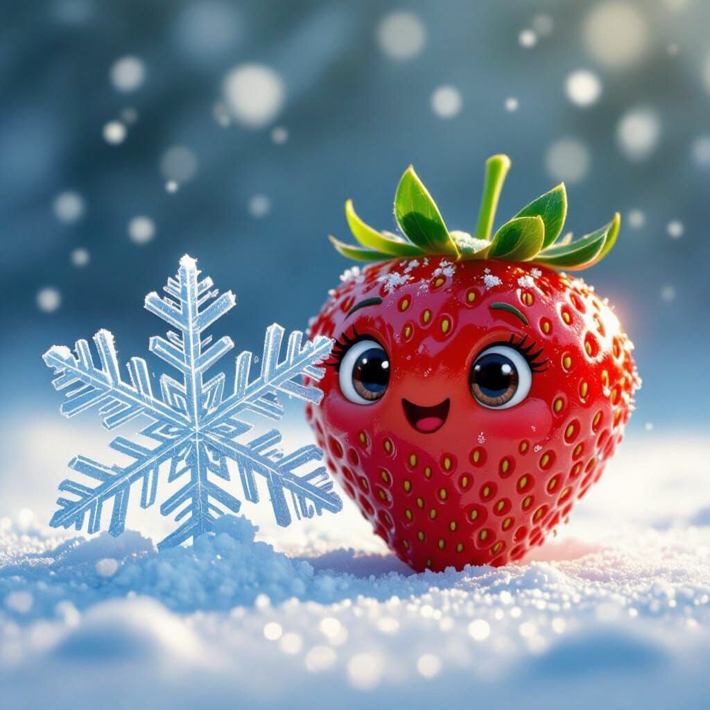 Cute Strawberry Meets Giant Snowflake in Pixar Style