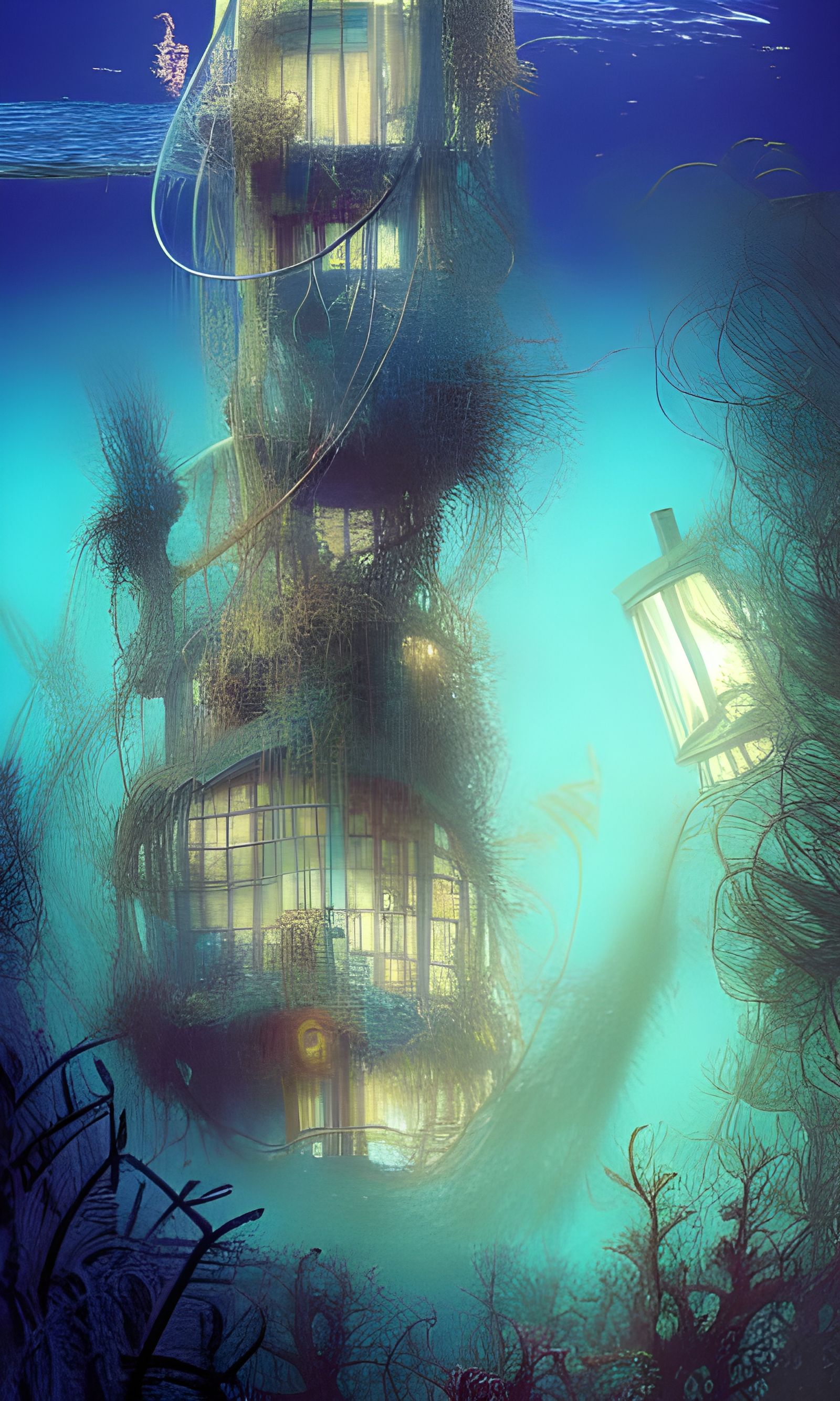 Surreal Underwater Home in a Glowing Kelp Forest