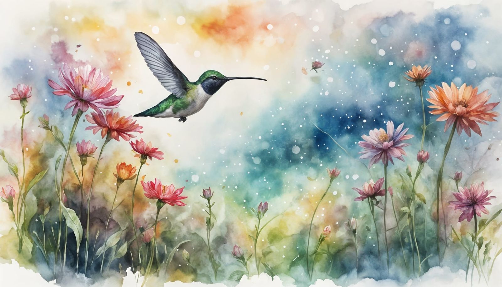 Iridescent Hummingbird in Dreamlike Watercolor Meadow
