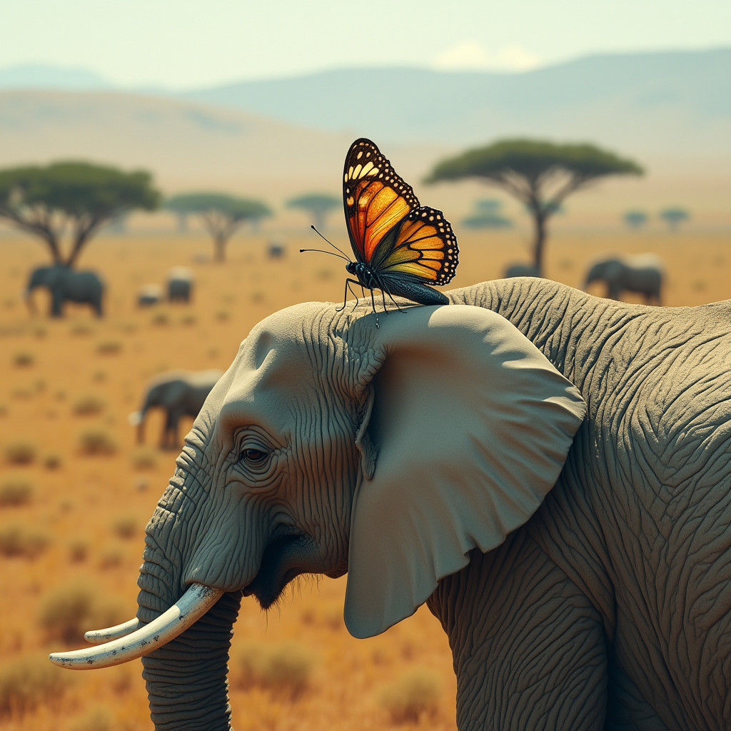 Butterfly on Elephant in Dreamy Digital Painting