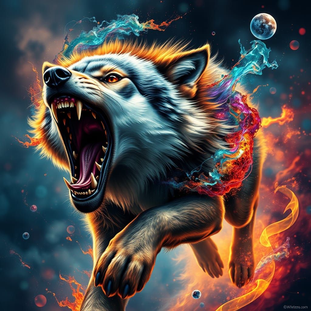 Surreal Wild Wolf Roaring in Hyperrealistic Splash Art