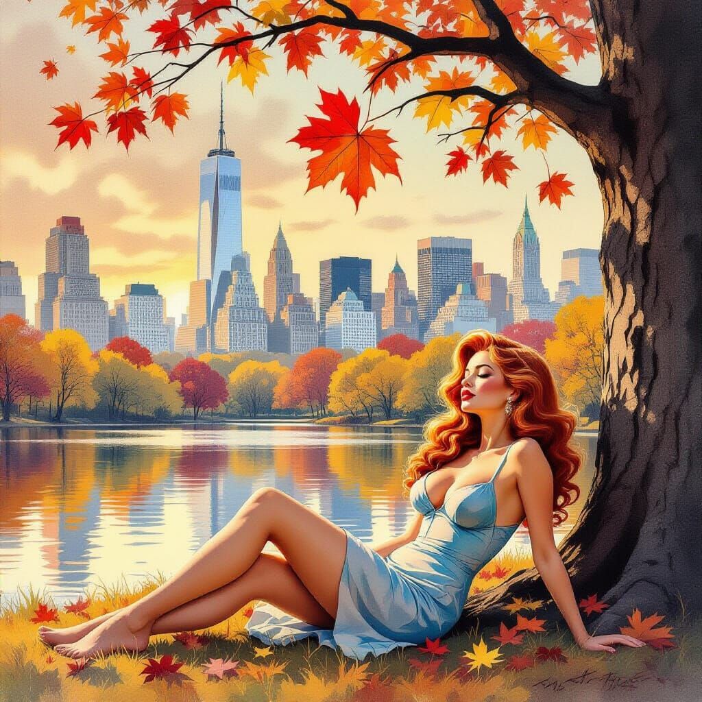 Redhead Pin-Up by Central Park in Watercolor Style