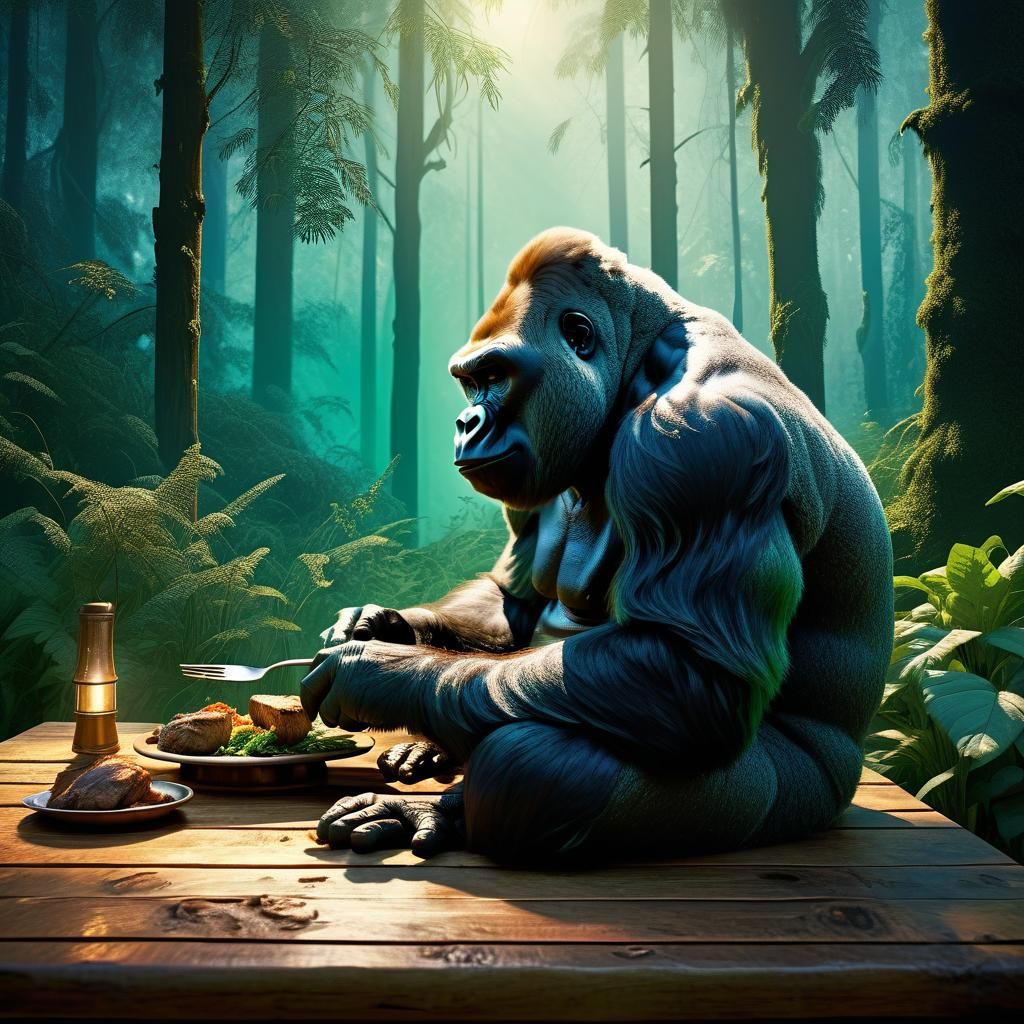 Gorilla's Forest Feast: Hyper-Realistic Digital Painting