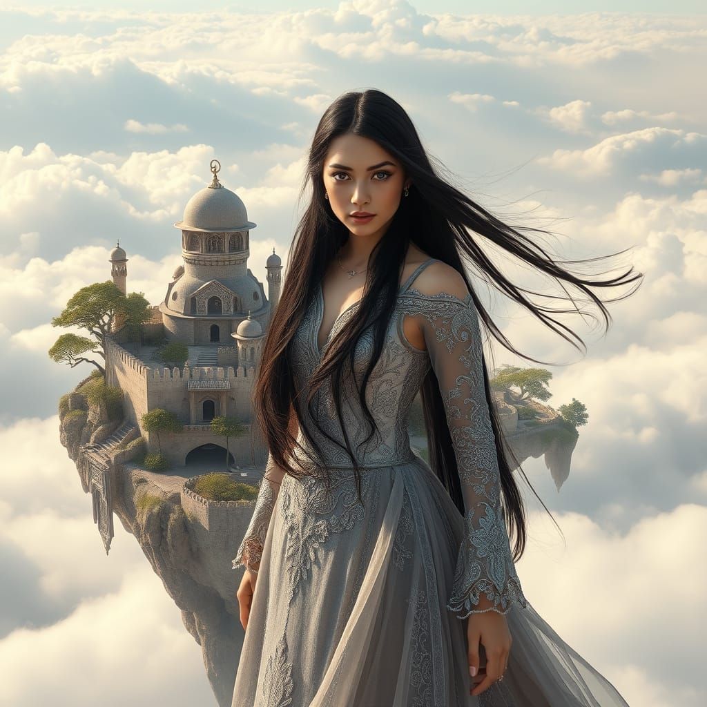 Ethereal Woman on Floating Island, Dreamlike 4K Rendering