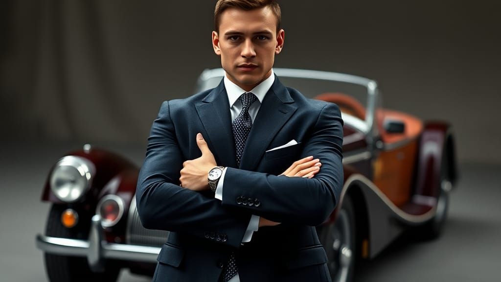 Confident Man in Suit with 1920s Sports Car