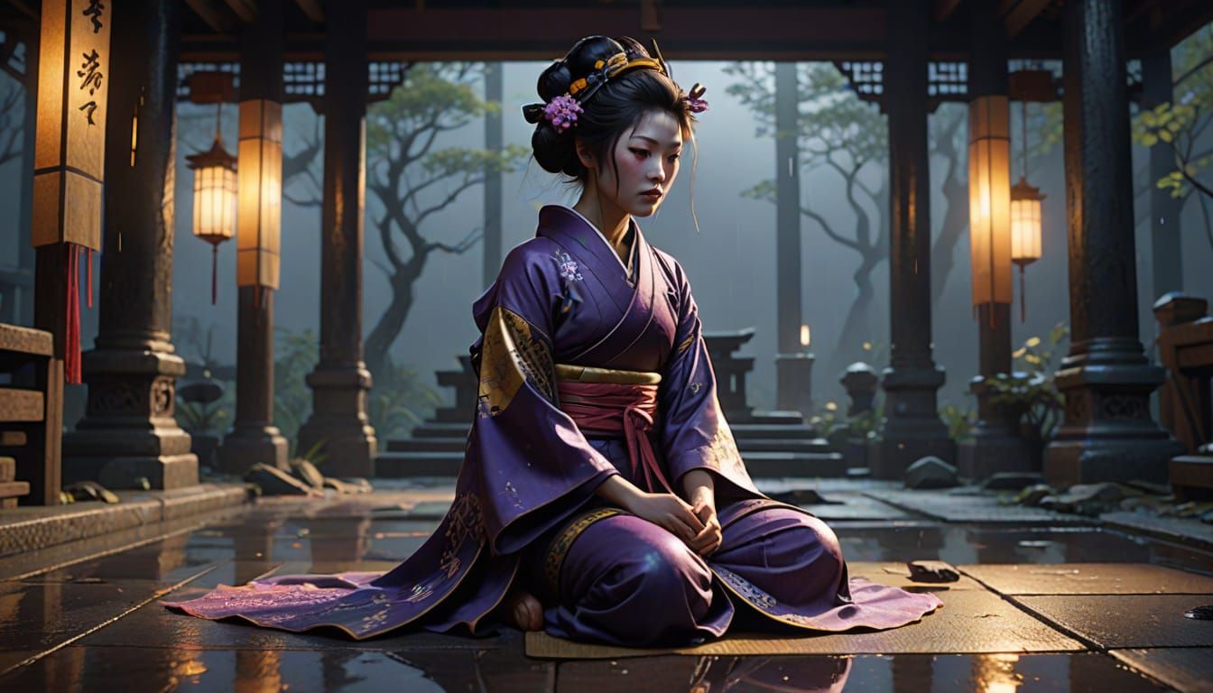 Melancholic Geisha in Ruined Temple, Art Nouveau Style