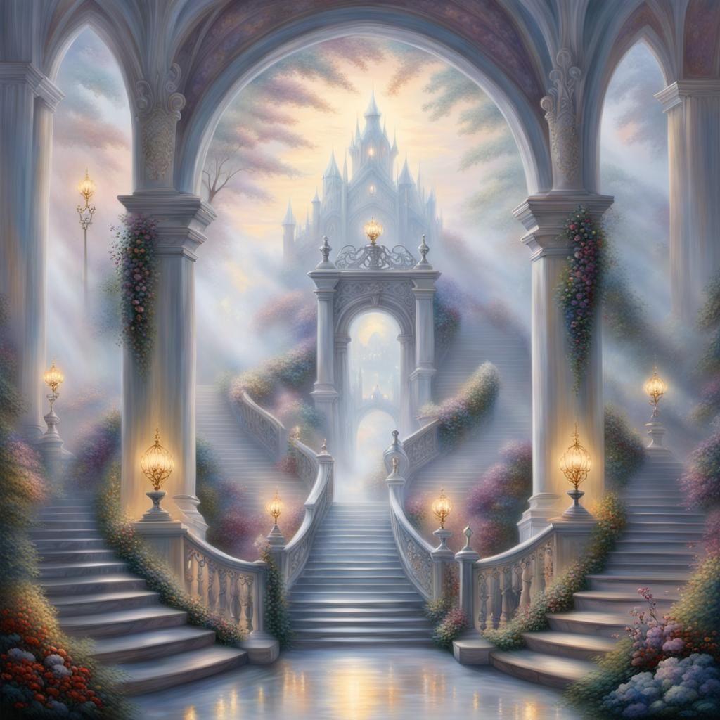 Ethereal Glass Staircase Between Heaven and Hell