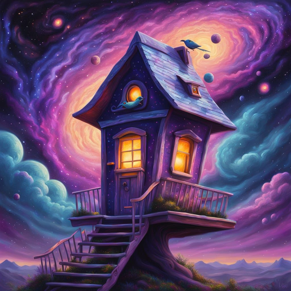 Cosmic Birdhouse Galaxy in Surreal Oil Painting