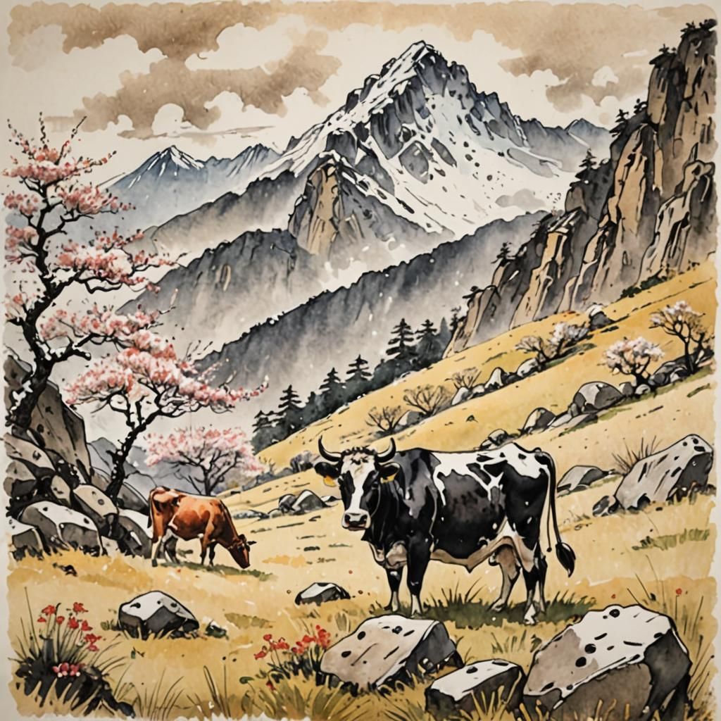 Japanese Ink Drawing: Alpine Pasture with Cow