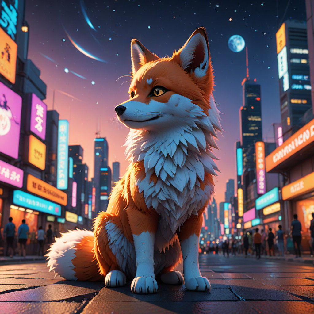 Cute Marble Fox in Vibrant Cosmic City