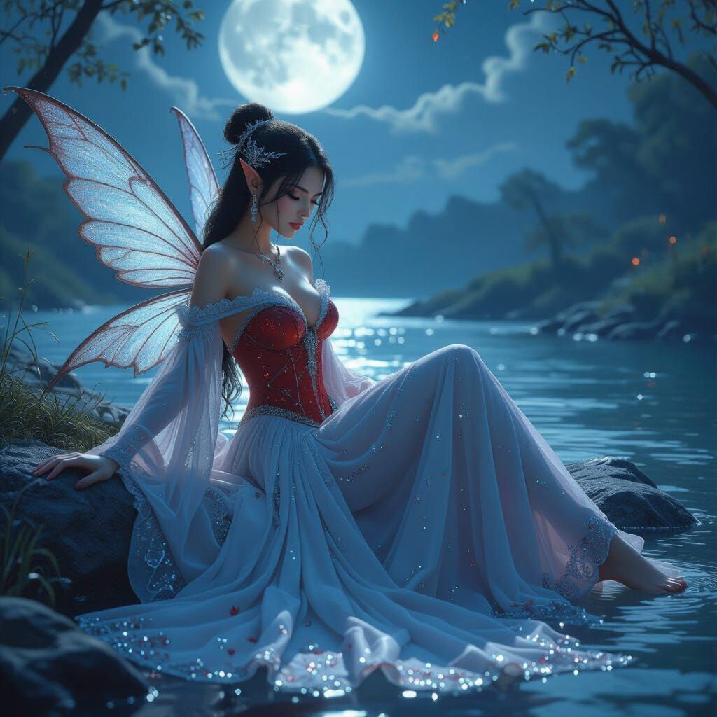 Seductive Fairy in Red Gown by Moonlit River