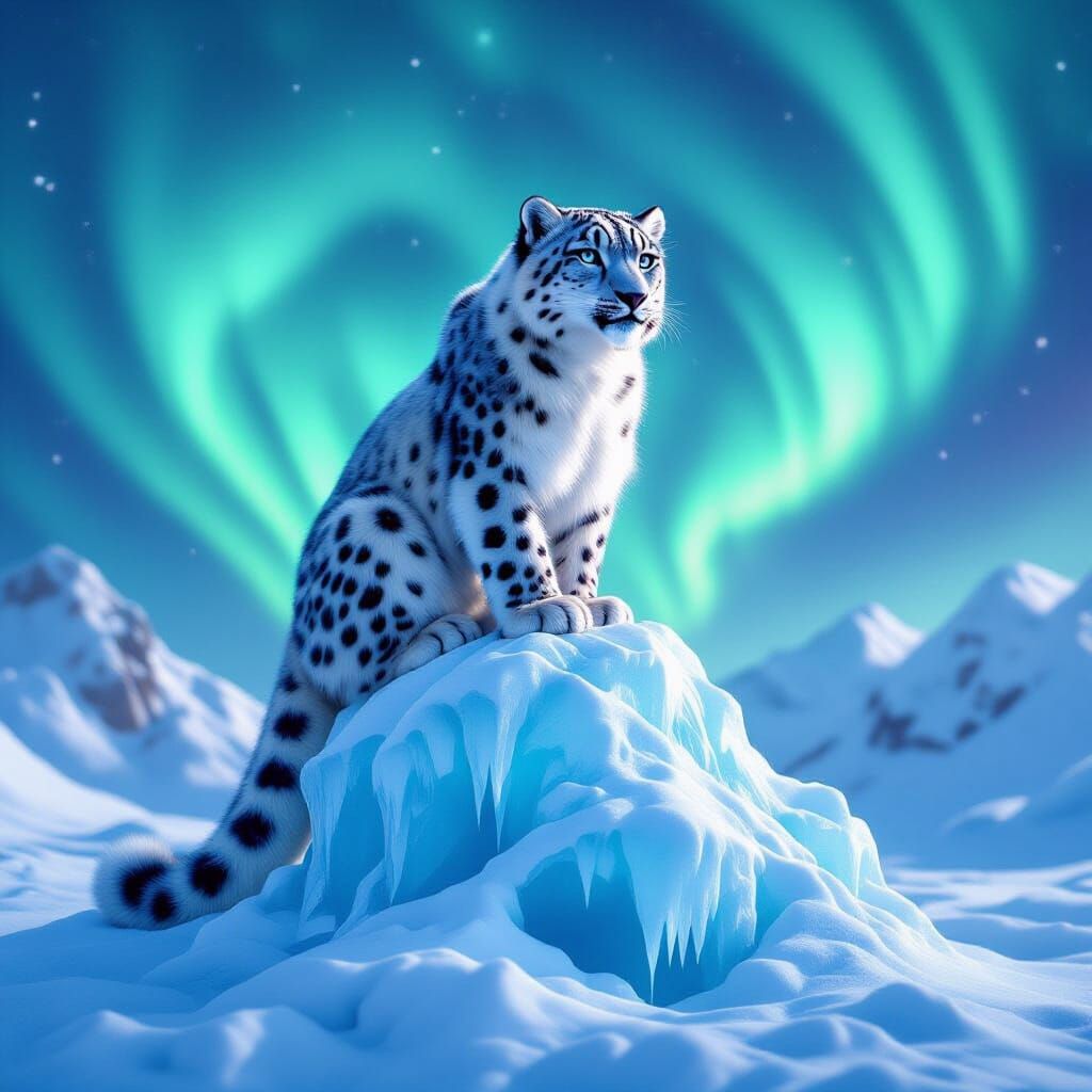 Snow Leopard on Ice Sculpture Under Aurora