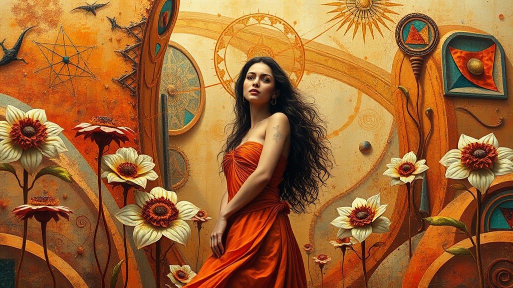 Dreamlike Woman in Surreal Landscape with Geometry