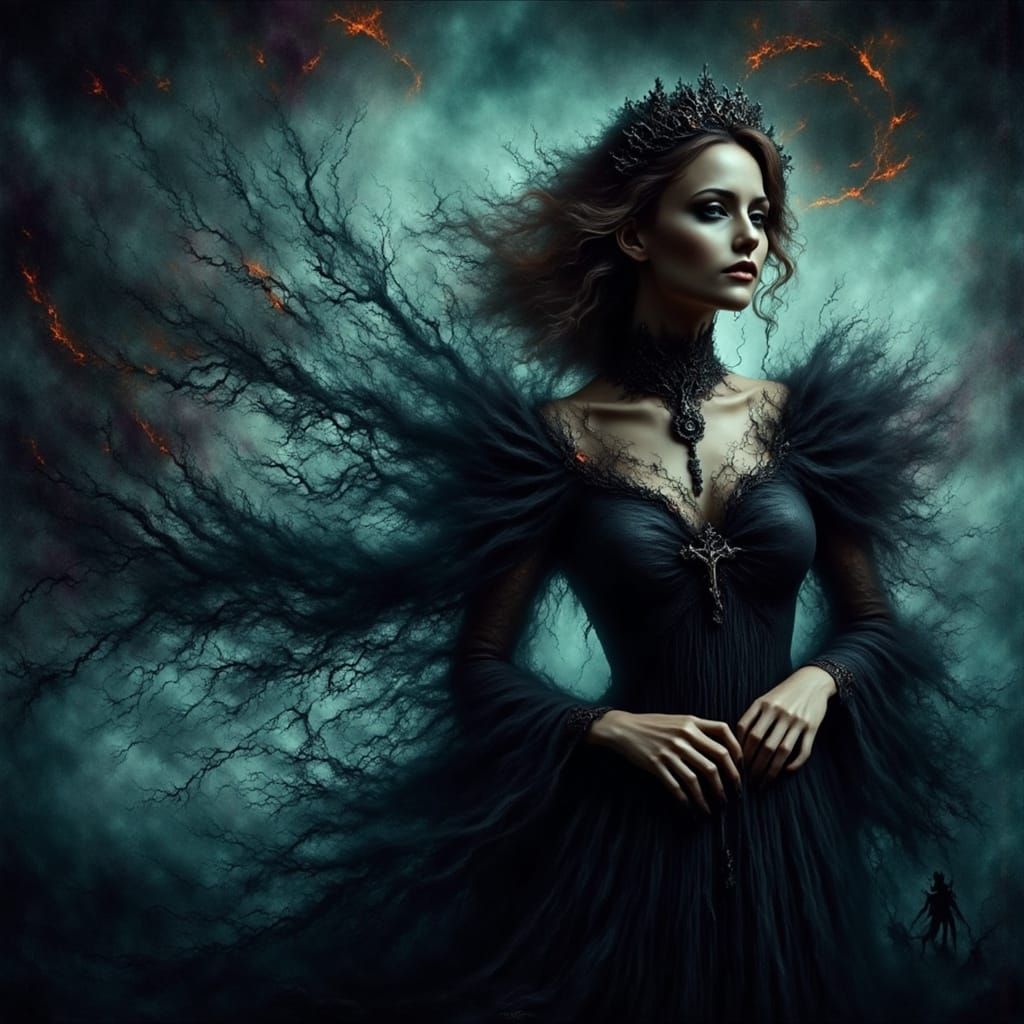 Mystical Gothic Woman with Flowing Dress in Digital Art