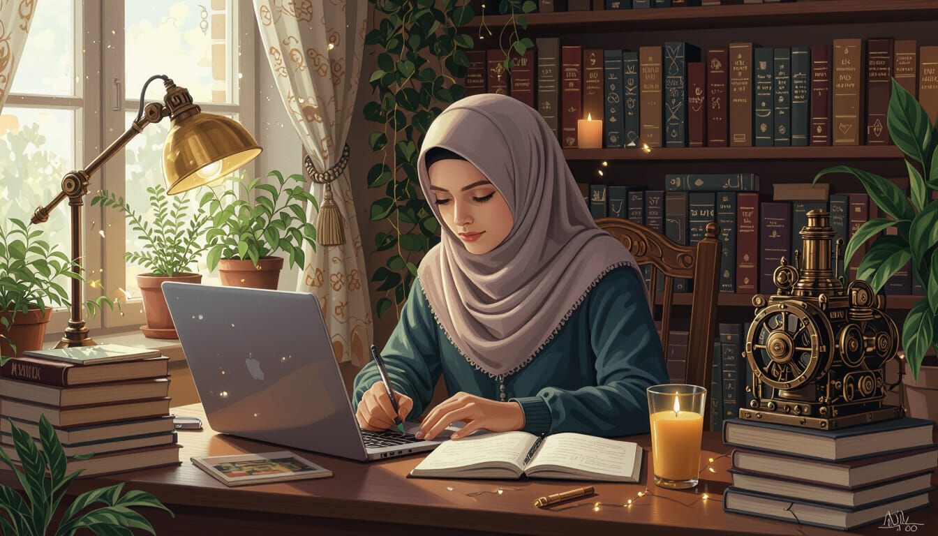 Girl in Hijab Studying in Steampunk-Inspired Setting