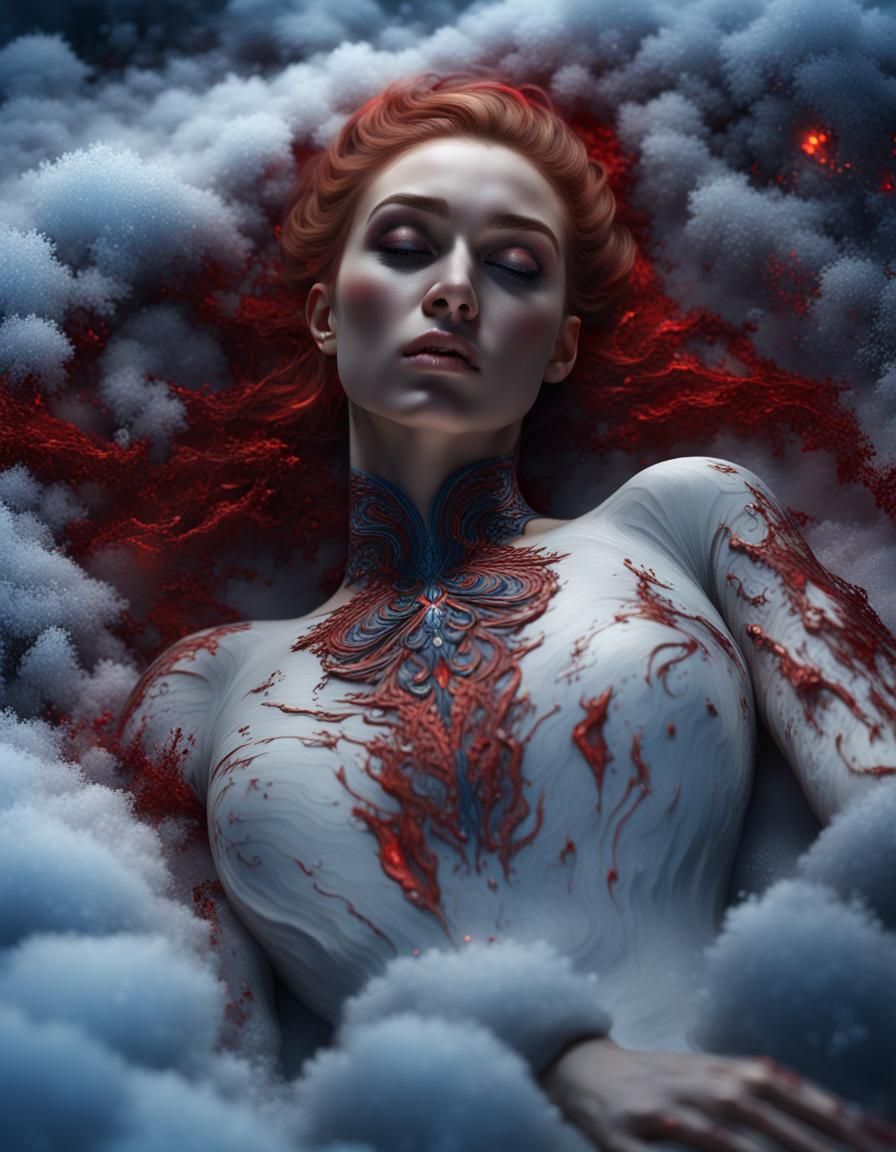 Woman in Snow with Blood and Blue Fire