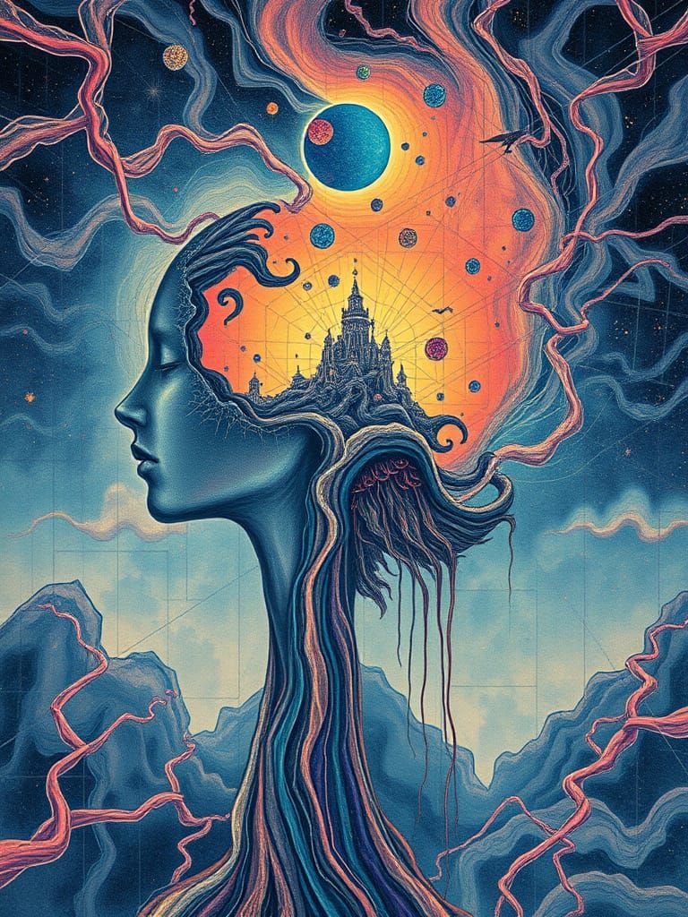 Surrealist Tapestry in Ukiyo-e Style with Cosmic and Biomech...