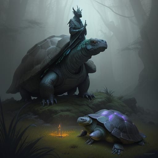 Dragon Tortoise on Stone Pedestal in Eerie Mist