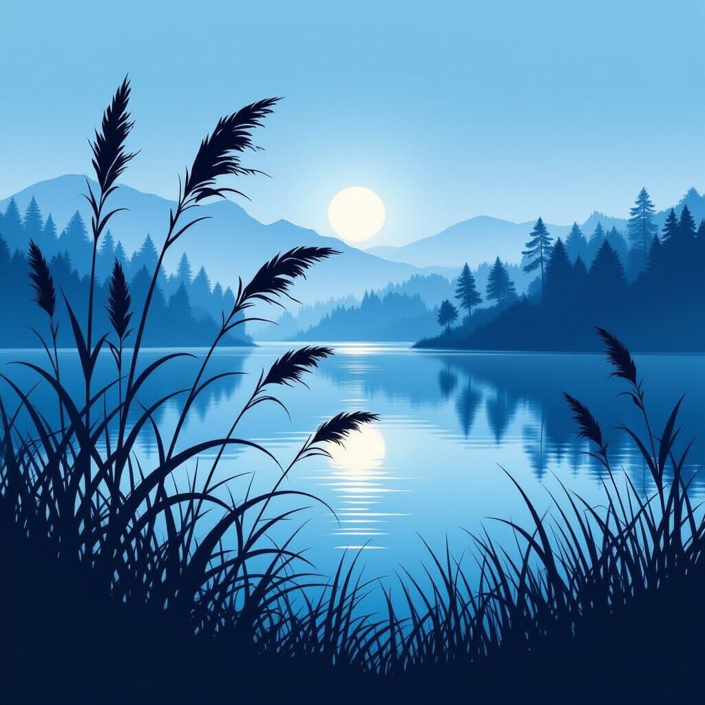 Dreamy Lake Silhouette in Vibrant Visionary Style