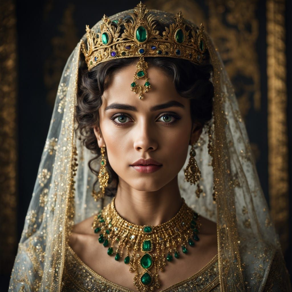 Regal Queen Esther in Ornate Golden Crown