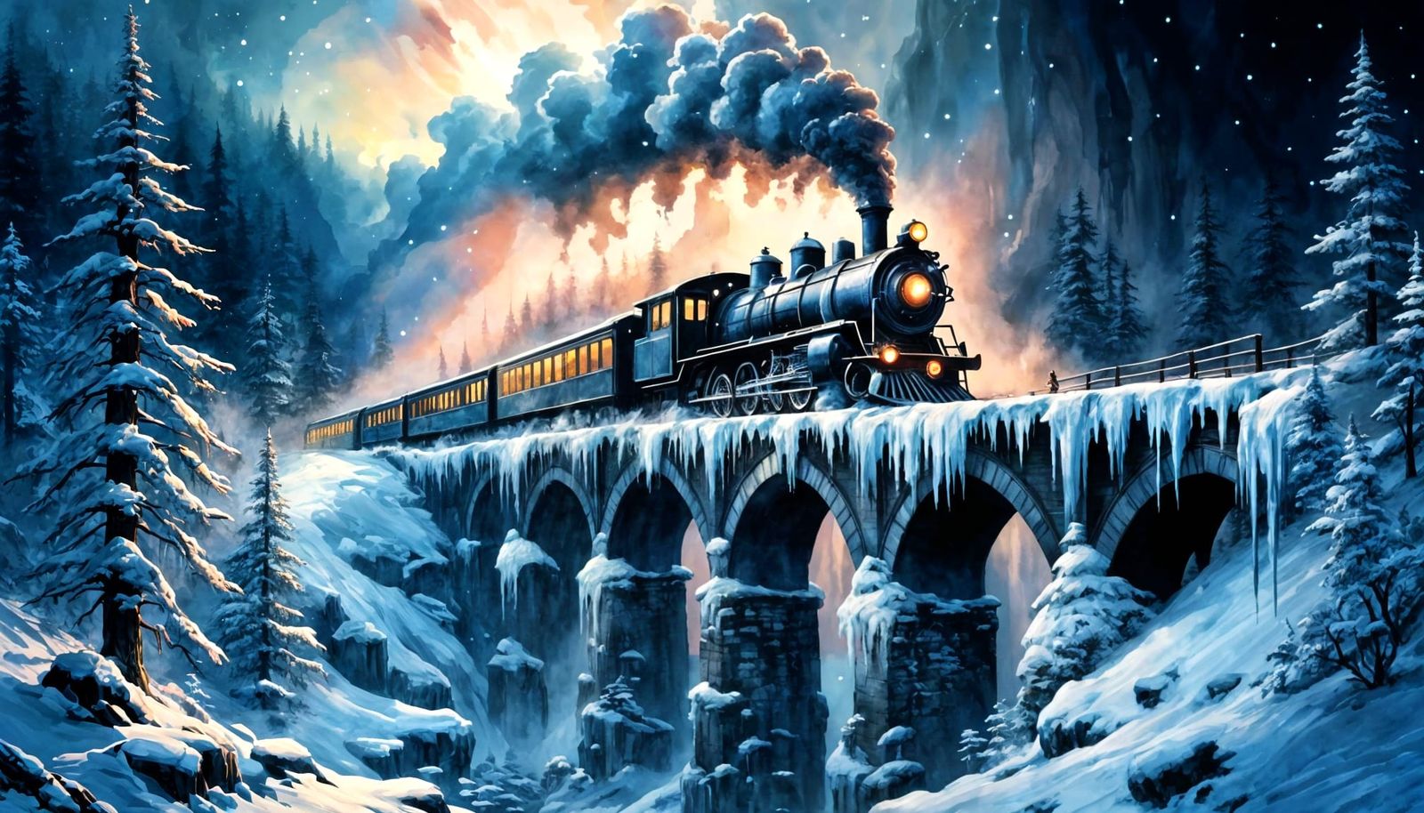 Winter Steam Train Crossing Snowy Forest Bridge