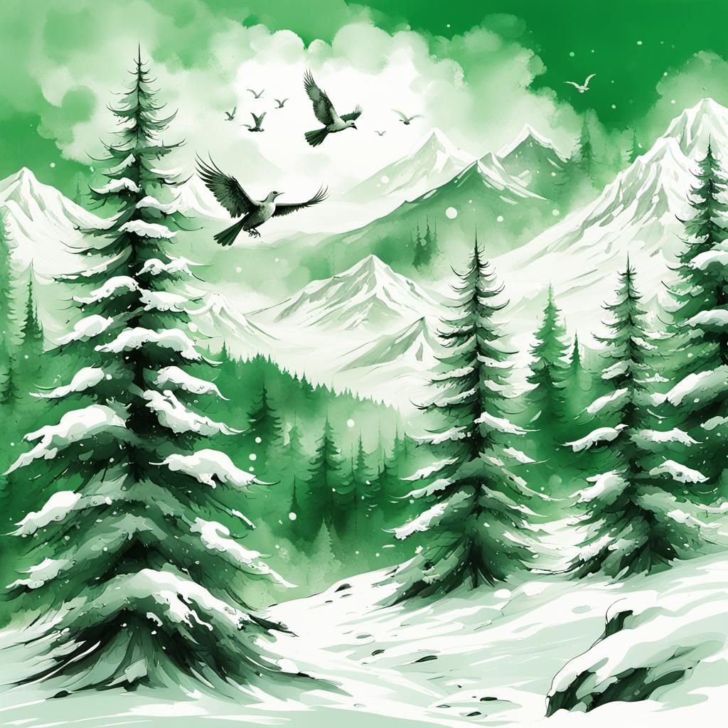 Bioluminescent Phoenix in Snowy Forest, Alcohol Ink Art