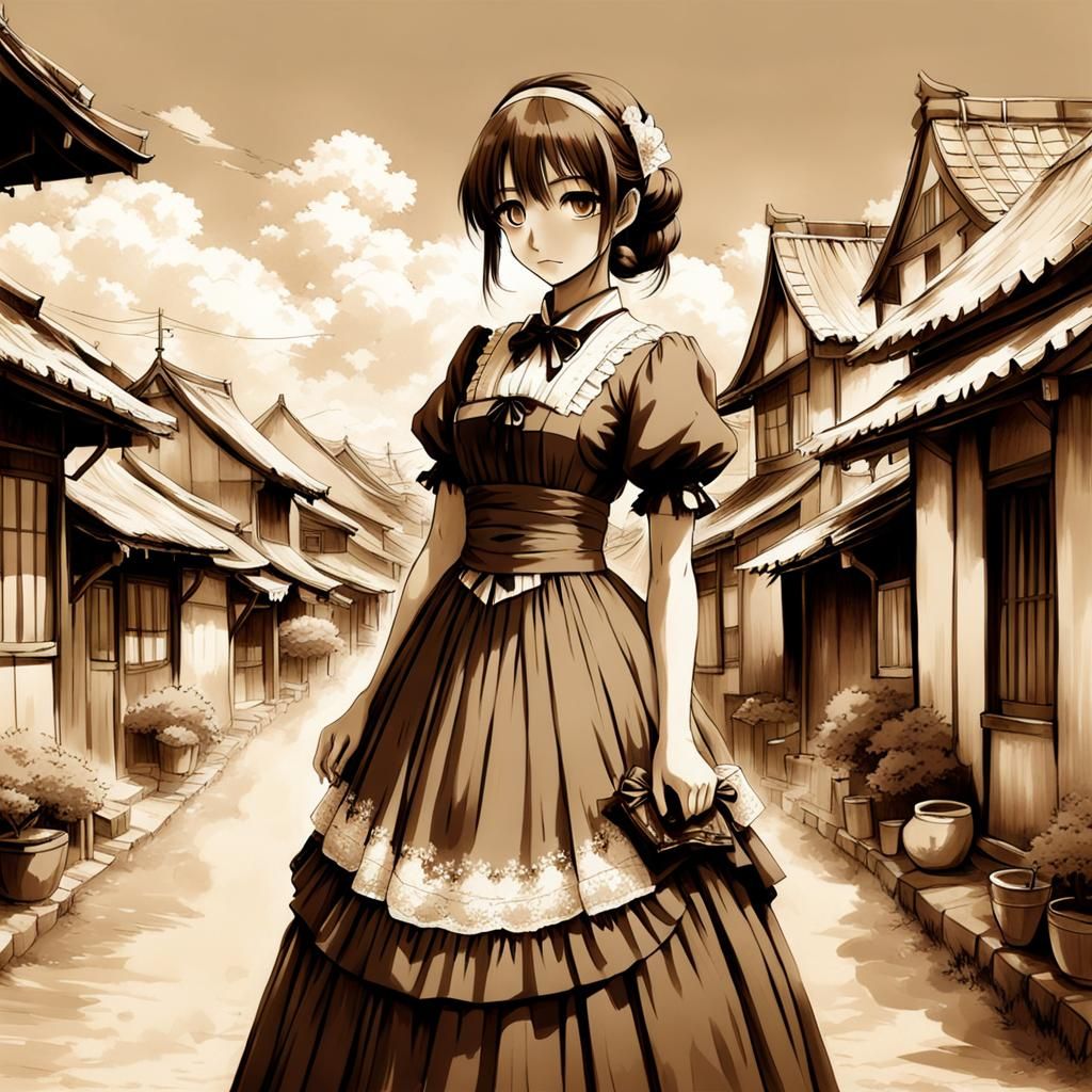 Anime Girl in Victorian Dress in Sepia Village