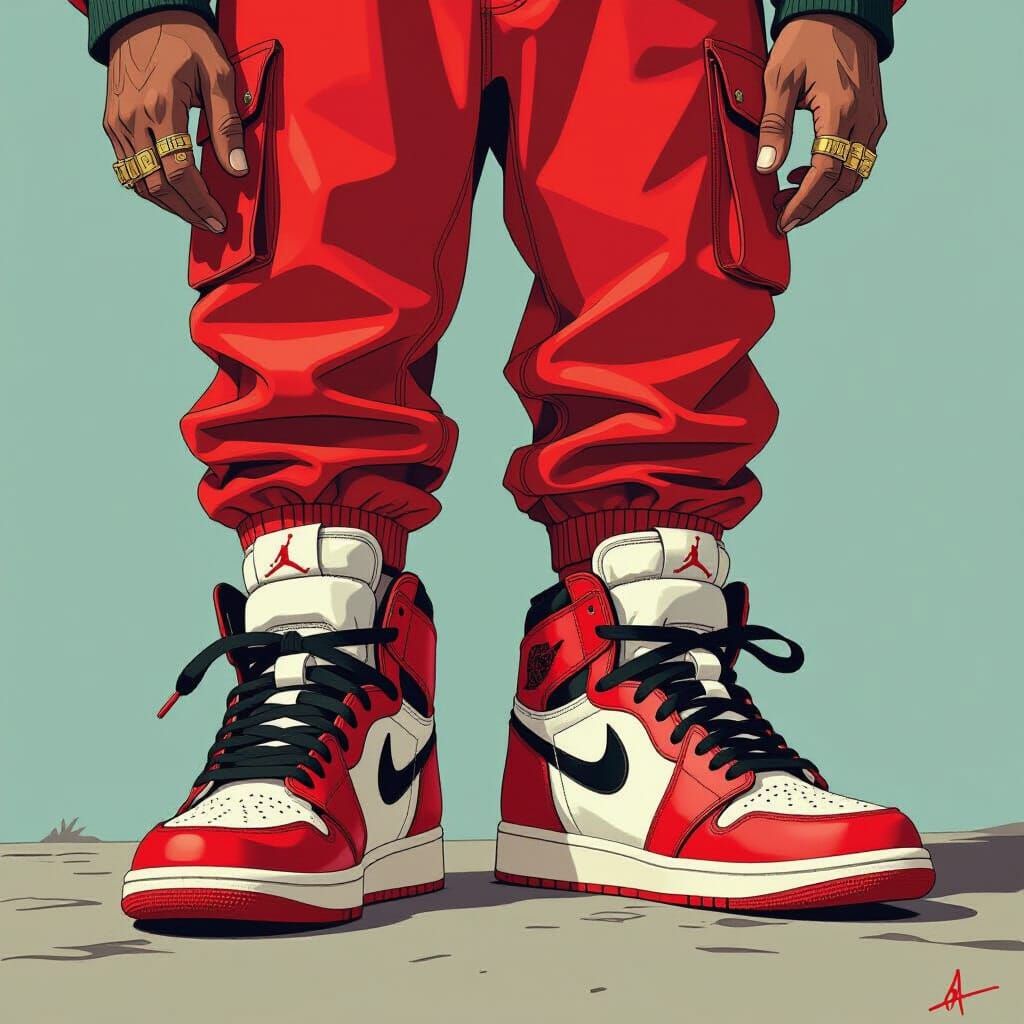 Vibrant Red Sneakers with Abstract Figure, Digital Art