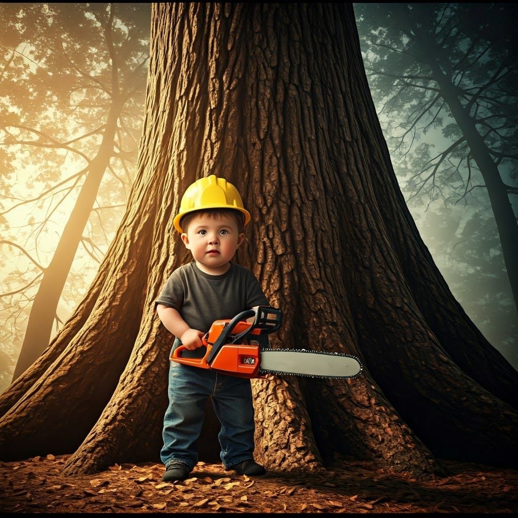 Boy with Chainsaw at Towering Tree