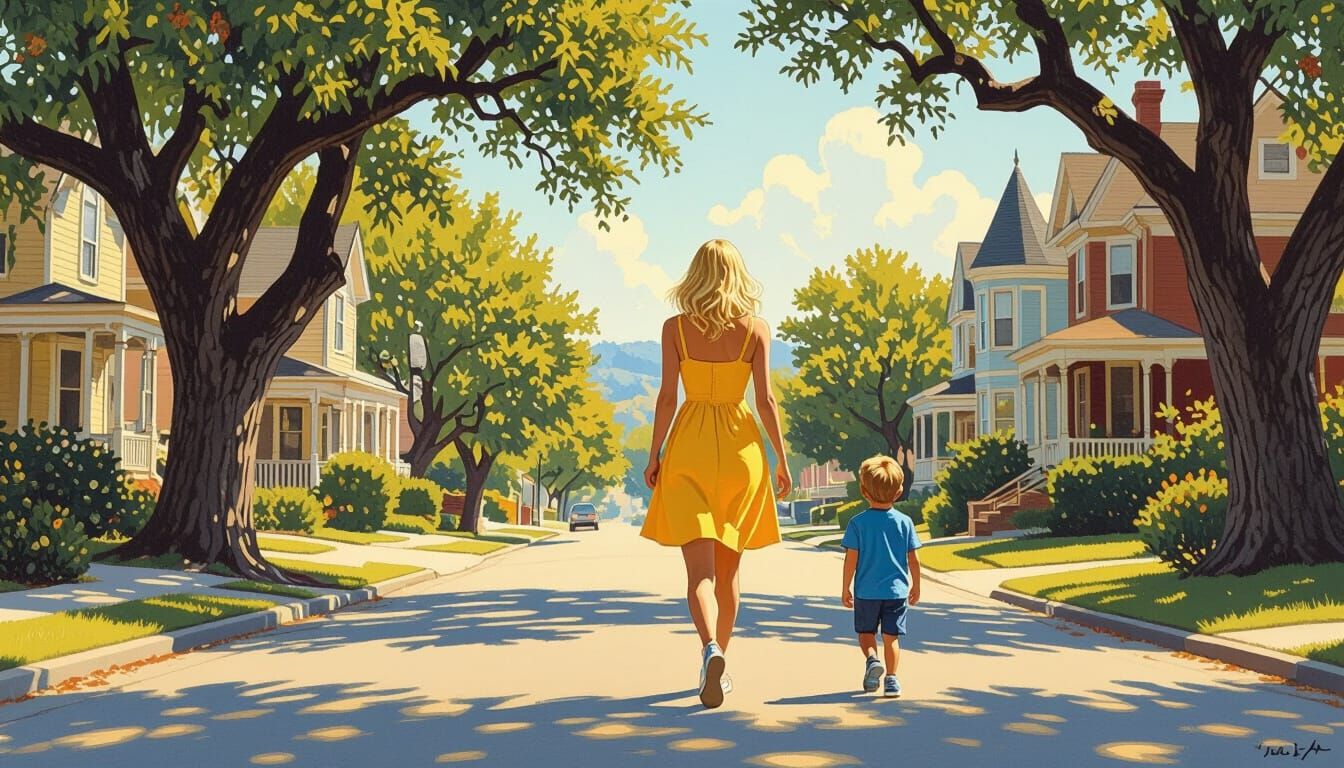 Woman and Child on Hilly Street, in Americana Style