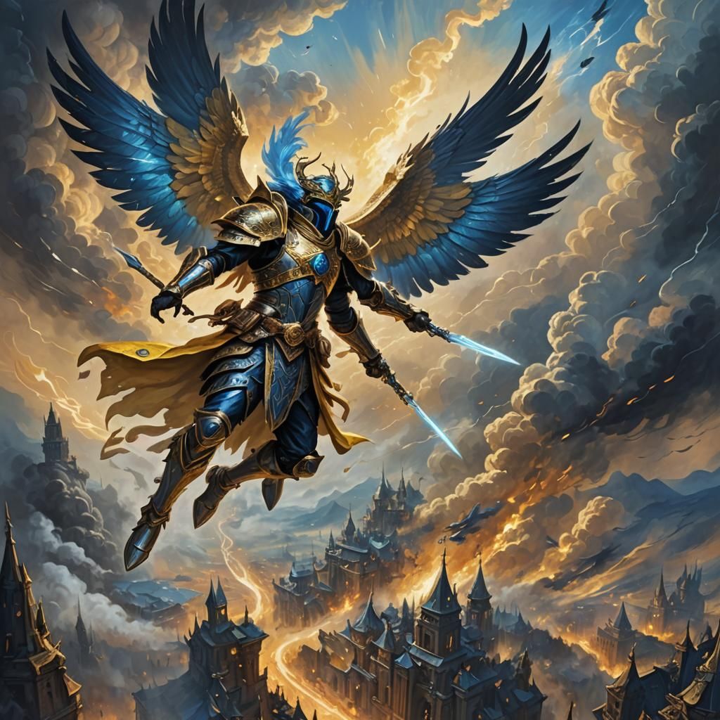 Angel Knight Soaring Over Battlefield, Oil Painting