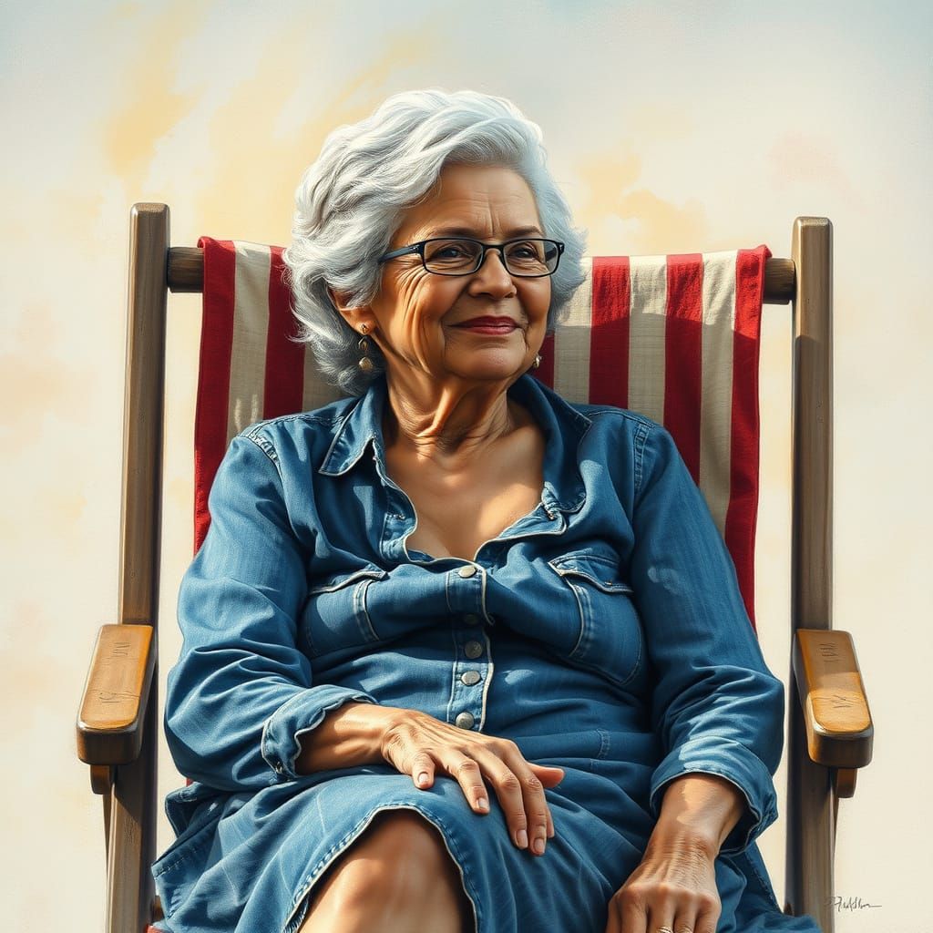 Grandmother in Beach Chair: Impasto Gouache Charcoal Drawing