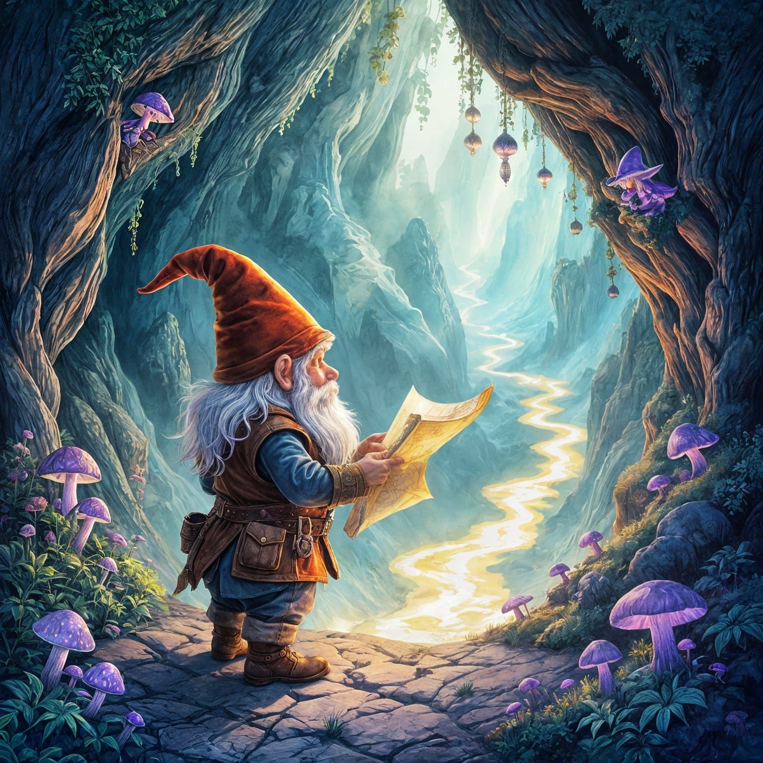 Gnome Unveiling Scroll at Glowing Chasm in Watercolor Style