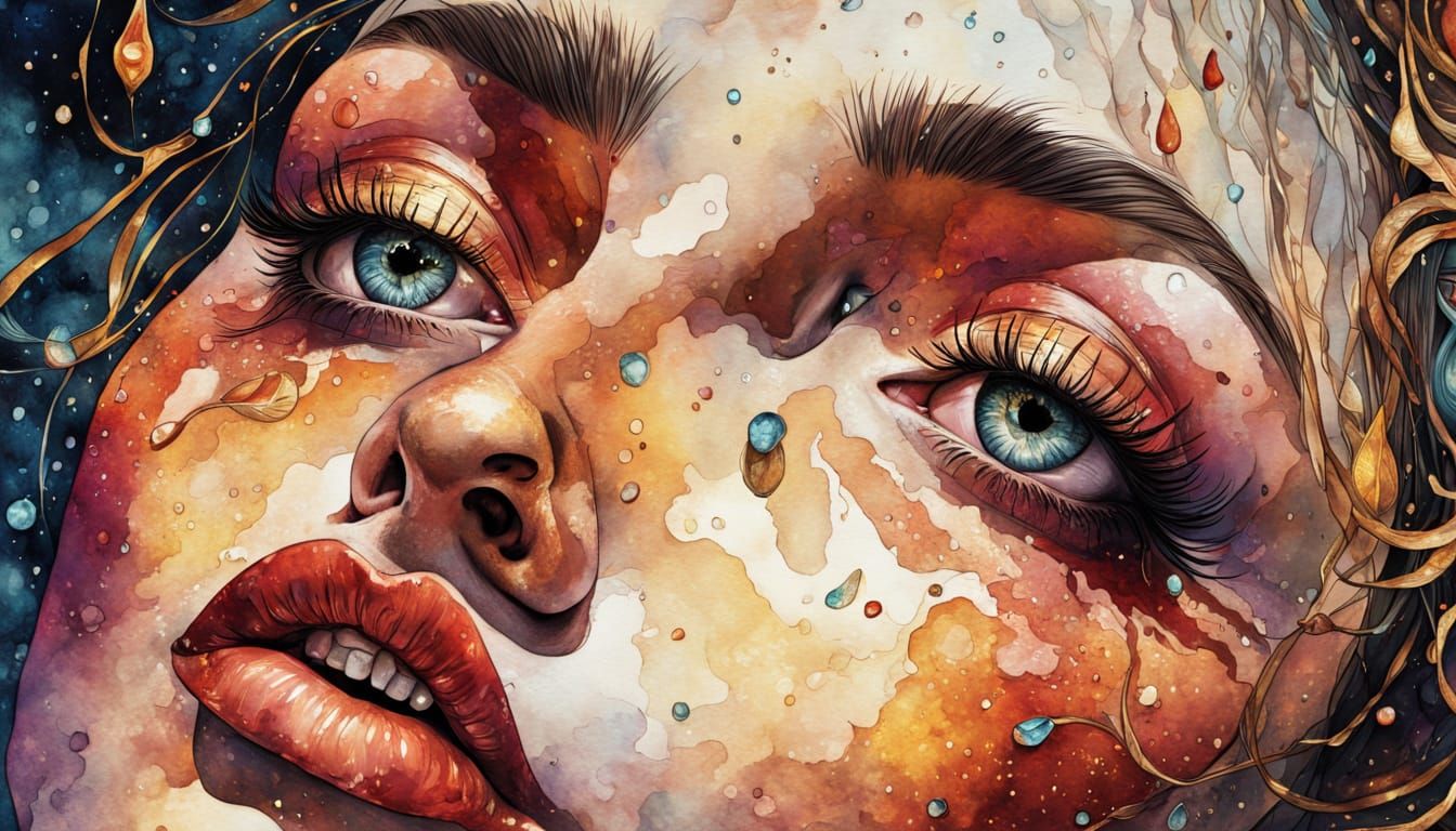 Surreal Figure Crying in Moody, Vibrant Ink & Watercolor