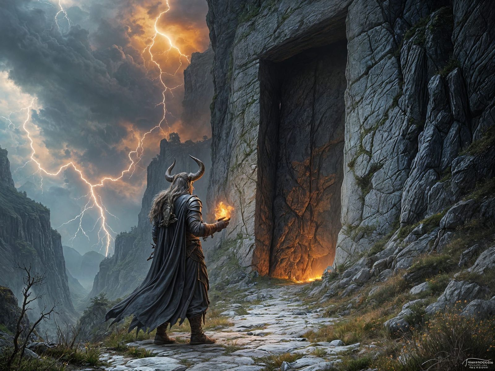 Horned Guardian Before Looming Gate in Stormy Glen