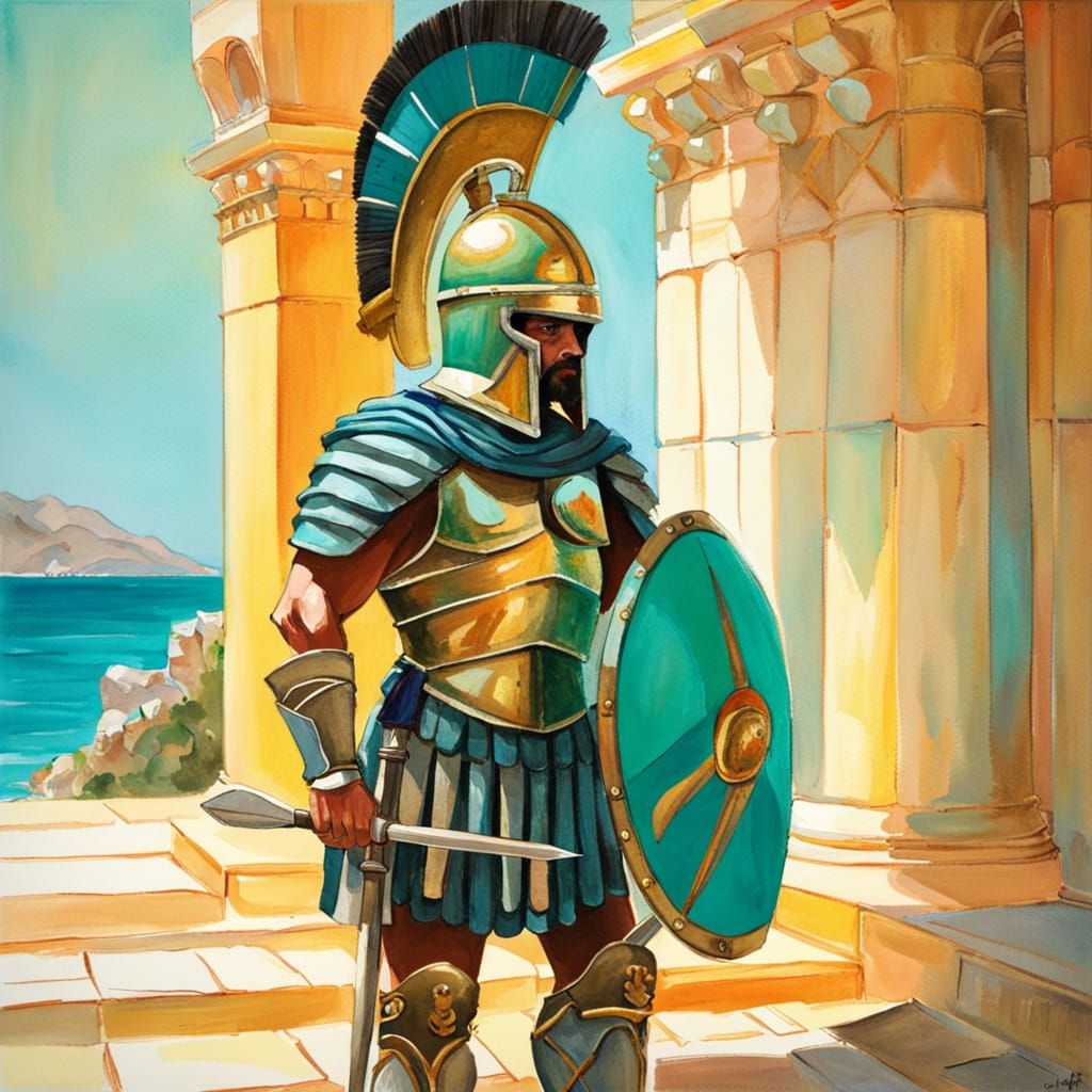 Gothic Spartan Soldier in Grecian Temple Gouache