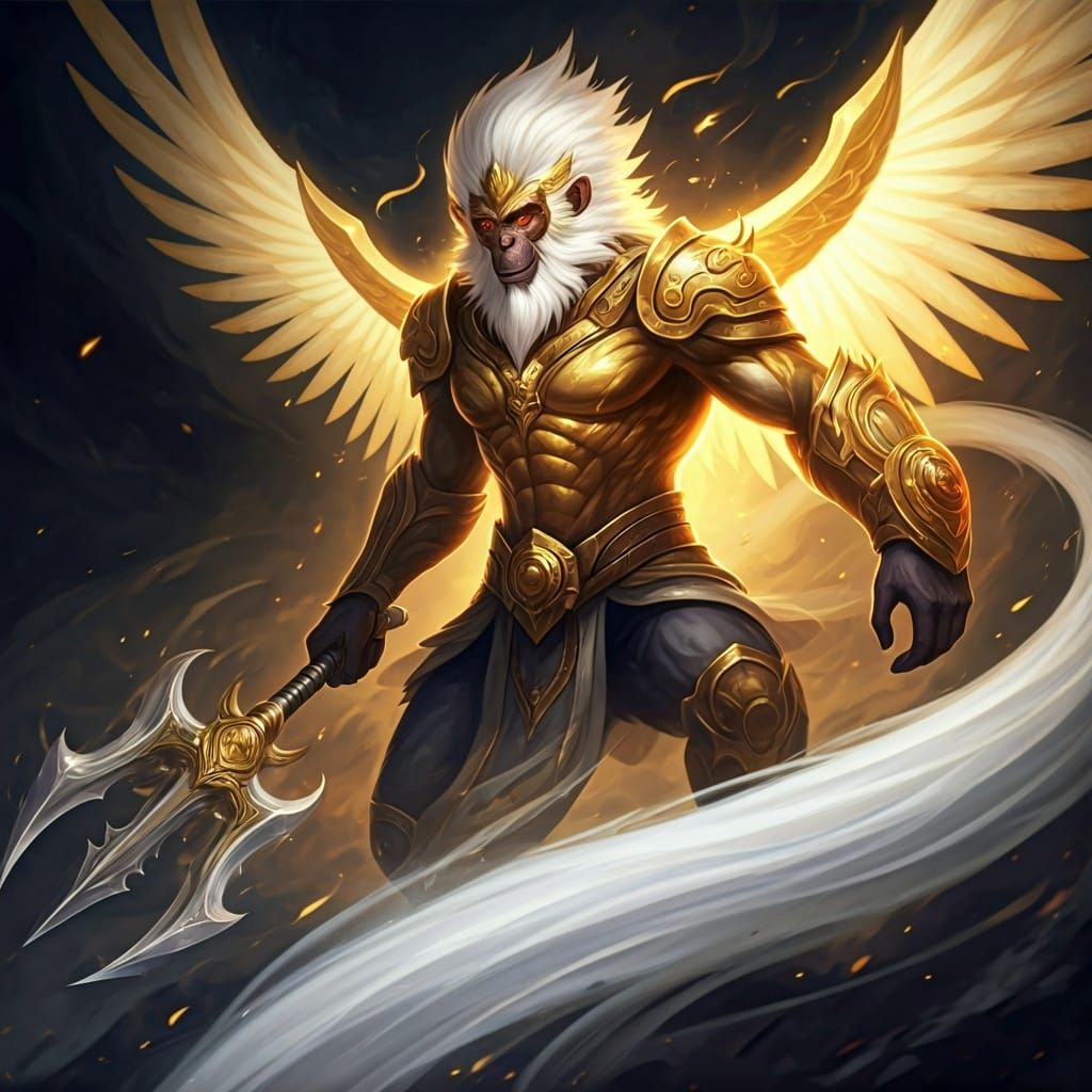 Gold and white Chinese demigod Erlang Shen, a gold and white furred monkey glowing with the power of Creation. His body ...