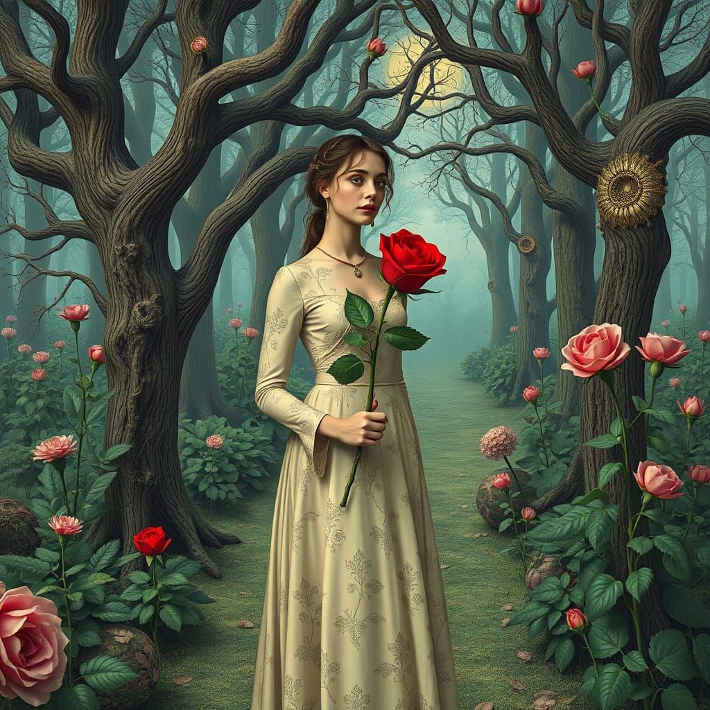Woman with Rose in Escher-Inspired Mystical Garden