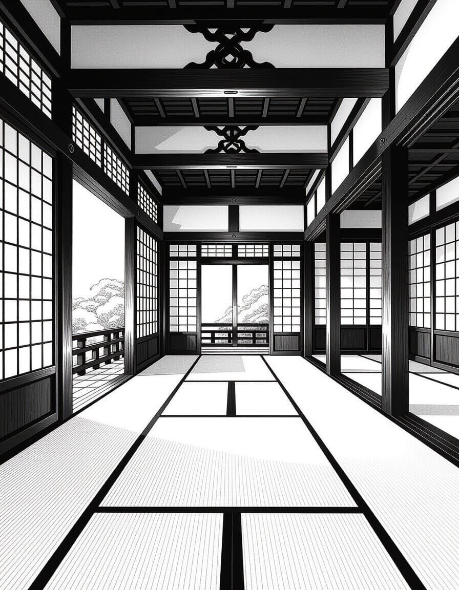 Minimalist Japanese Interior in Ink Fine Line Art