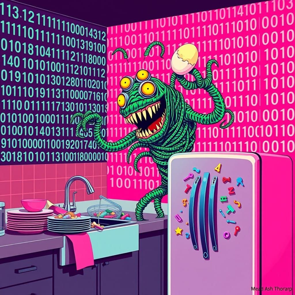 Whimsical Binary Code Monster Reigns in Retro Kitchen Scene
