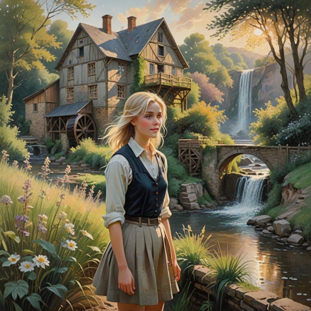 Serene Water Mill Scene in Impressionist Style