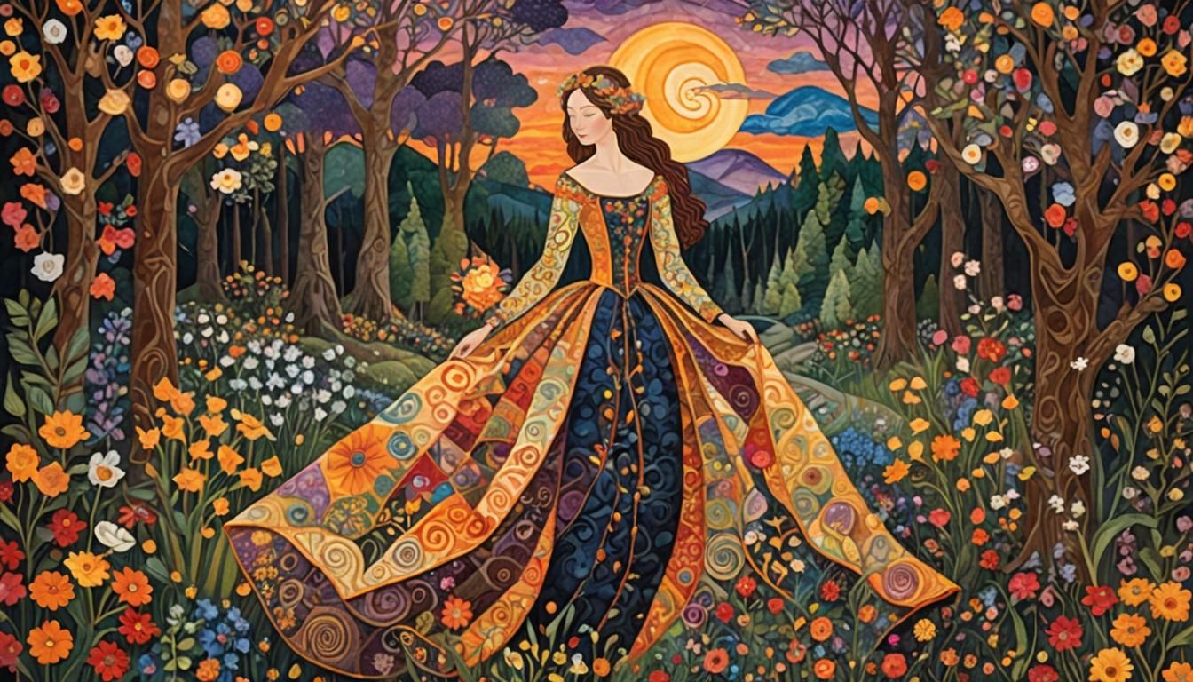 Quilted Woman in Enchanted Forest, Magic Realism
