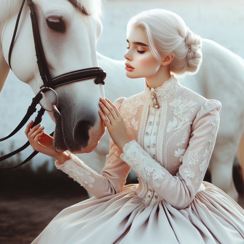 Ethereal White-Haired Princess Stroking White Horse