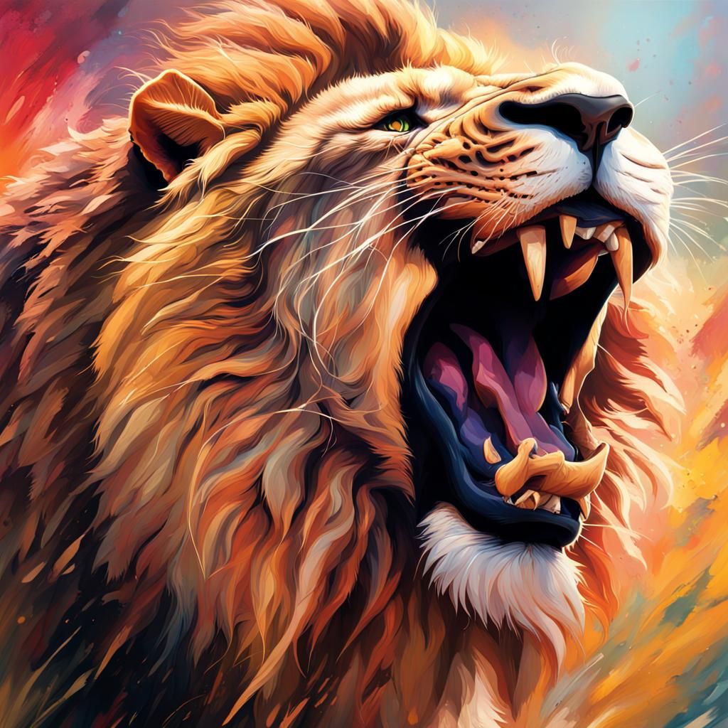 Hyperrealistic Roaring Lion Splash Art Portrait
