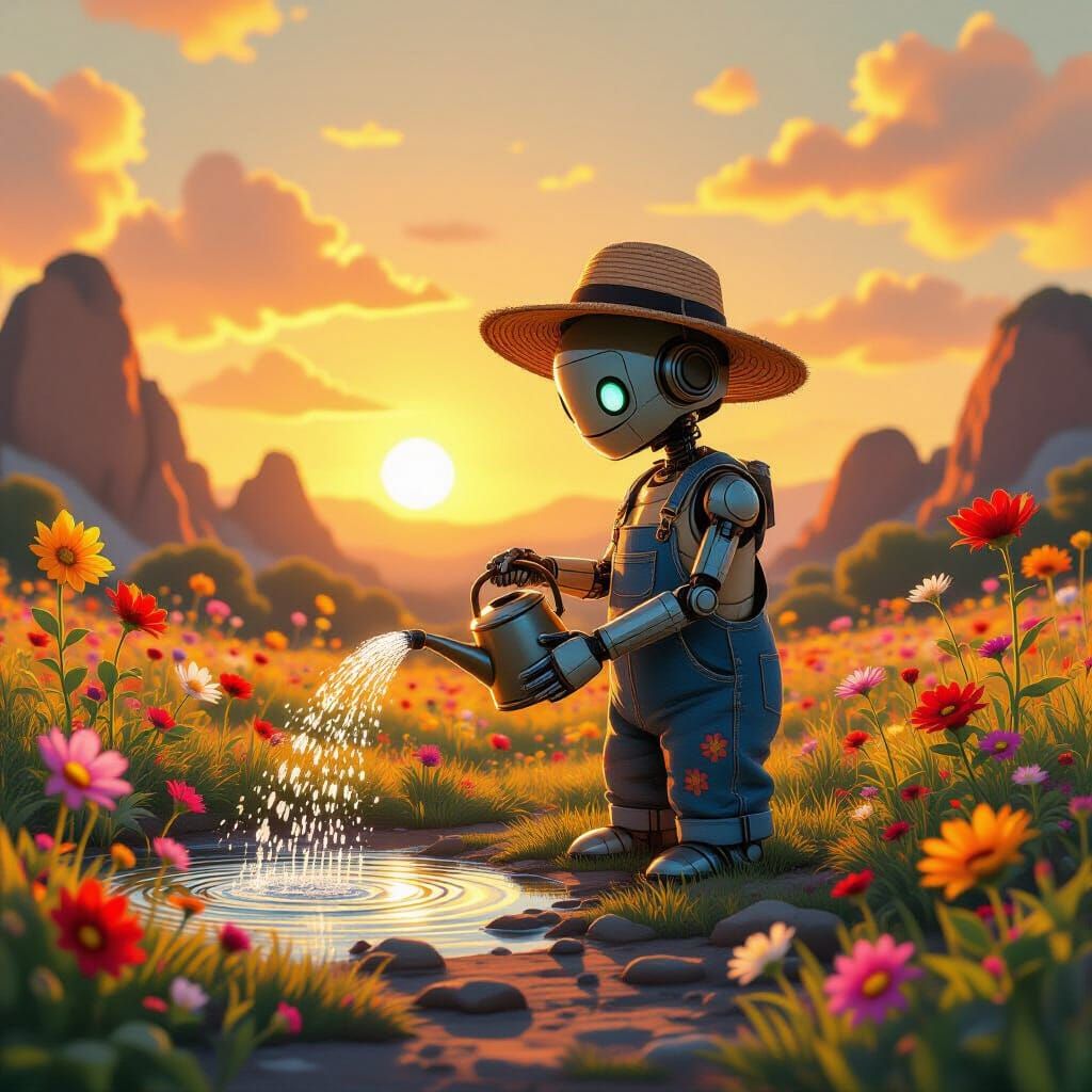 Robot Gardener on Alien Planet in Ghibli Style